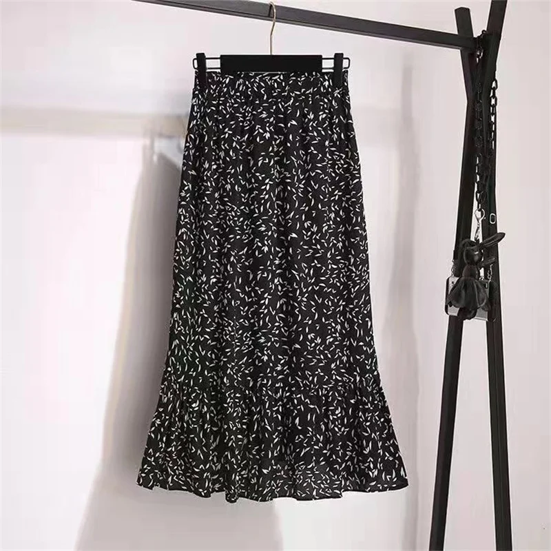 

2024 New Spring Summer Elegant Ruffle Asymmetrical Chiffon Skirt For Womens Clothing Large Size Irregular Fishtail Floral Skirts
