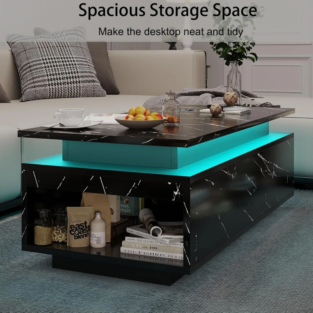 LED Coffee Table with Storage, with Wireless Charging and Speaker, High Glossy Modern Center Table with 24 Color LED Lights 4
