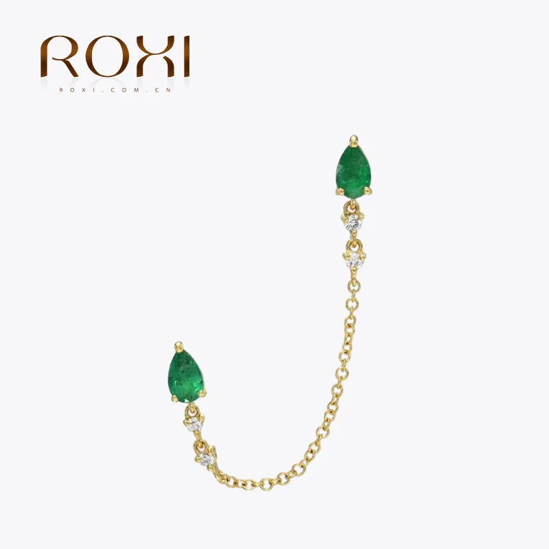 

RIXO S925 Sterling Silver Droplet Shaped Green Crystal Studded CZ Chain Tassel Stud Earrings For Women 1 Piece Chain Piercing