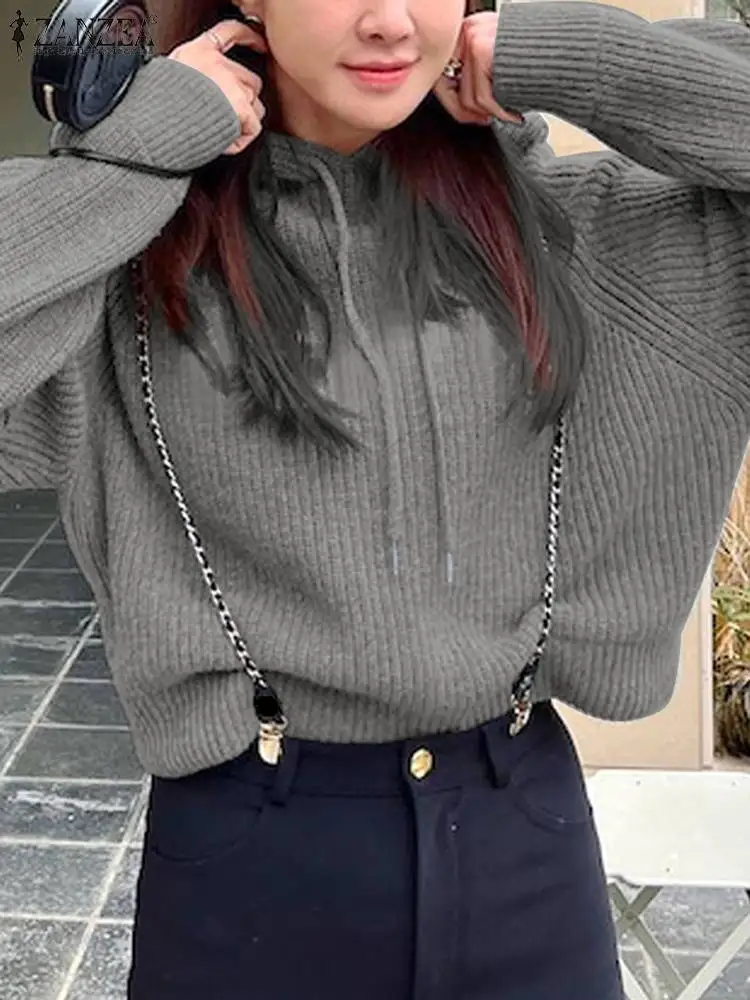 

Однотонный свитер ZANZEA с капюшоном 2023 зимние толстовки Женская модная повседневная спортивная толстовка однотонный пуловер с длинным рукавом оверсайз