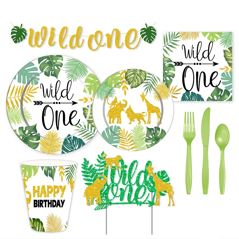 114Pcs/set Wild One Birthday Decoration Disposable Tableware Green