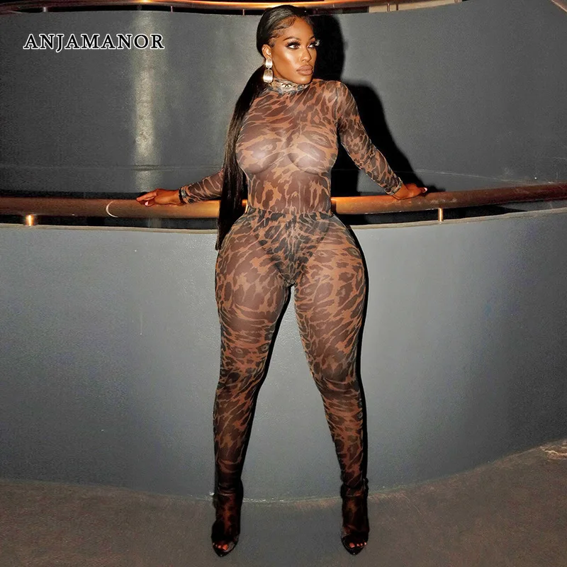 ANJAMANOR imprimé léopard maille pure deux pièces tenues femme Club col roulé à manches longues body Leggings ensembles assortis D85-CF19