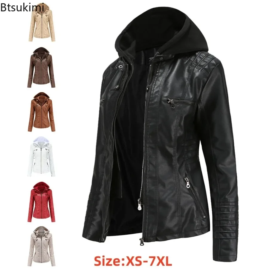 2024 Women's Hooded Leather Jacket 2 Pieces Set with Detachable Large Leather Jacket for Women Spring  Autumn PU Leather Jacket