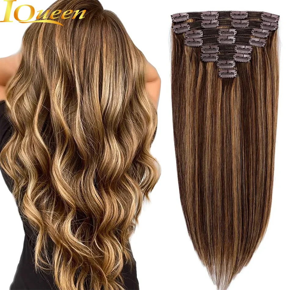 Human Hair Clip in 120g 8pcs Lace Straight Double Weft Clip In Human Hair Extensions Brazilian #4 27