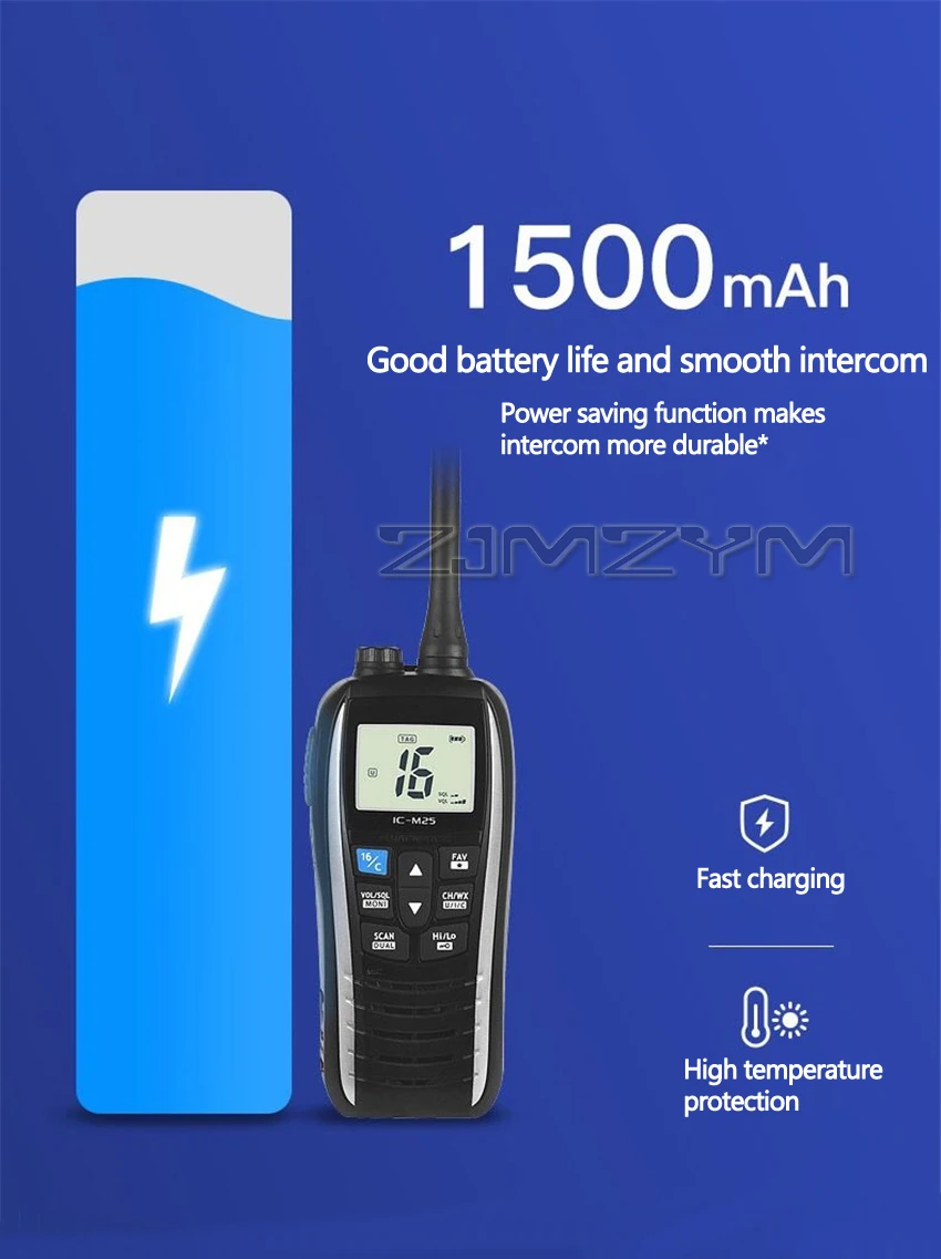 IC-M25 Maritime Interphone IPX7 Walkie-talkie Impermeavel Battery Capacity 1500mAh Standby 1-5 days Call distance 2-15KM