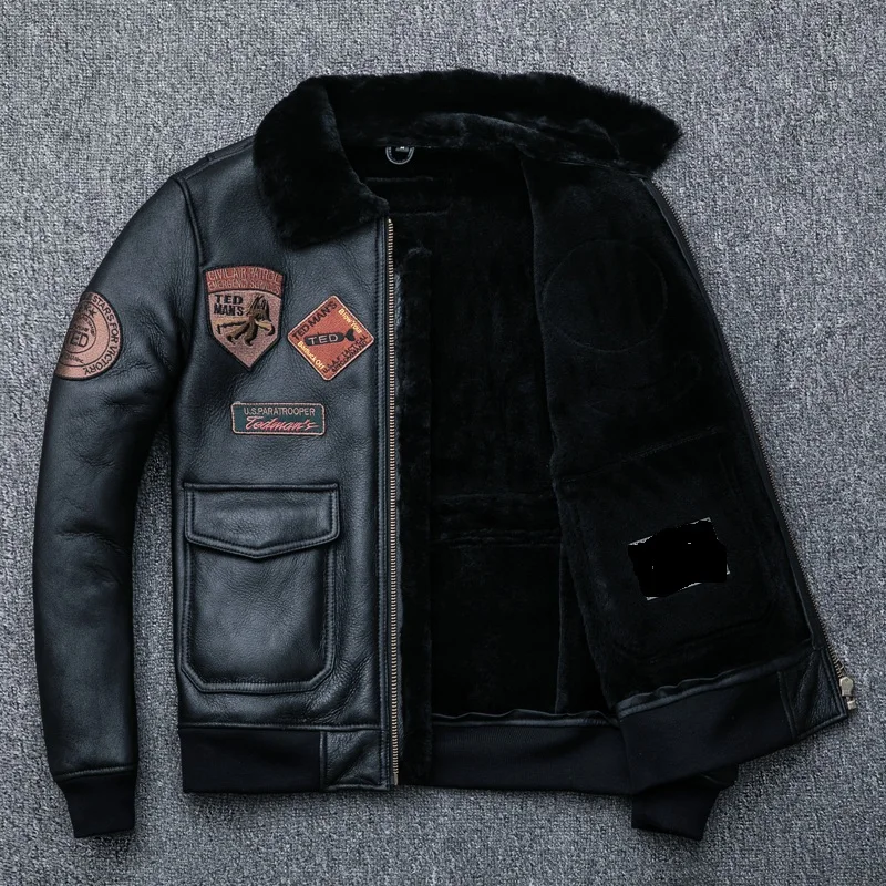 Winter Warm Shearling Coat Men 8 Patches Bomber Flight Jackets