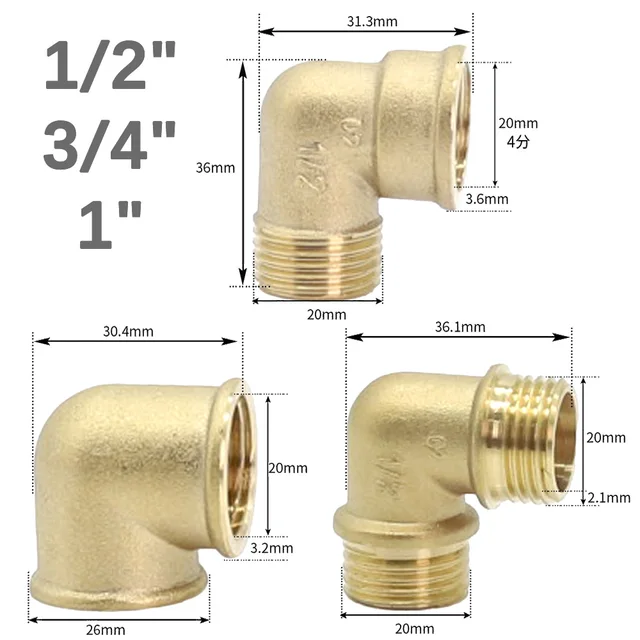 3 Stílus 1/2 "3/4" 1 "Női X Férfi Szál Sárgaréz Réz Könyök 90 Fokos Csatlakoztatási Csatlakozó Cső -Szerelő Adapter Hosszabbítója - Image 2