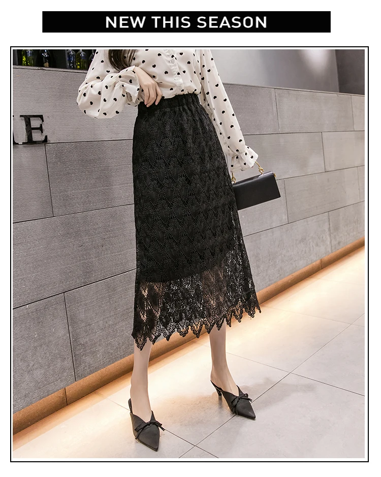 Lace Skirts Womens Korean Fashion Solid Color Elastic High Waist Ladies Skirt Hollow Out 2021Spring Wild Slim Midi Skirts Female crop top and skirt