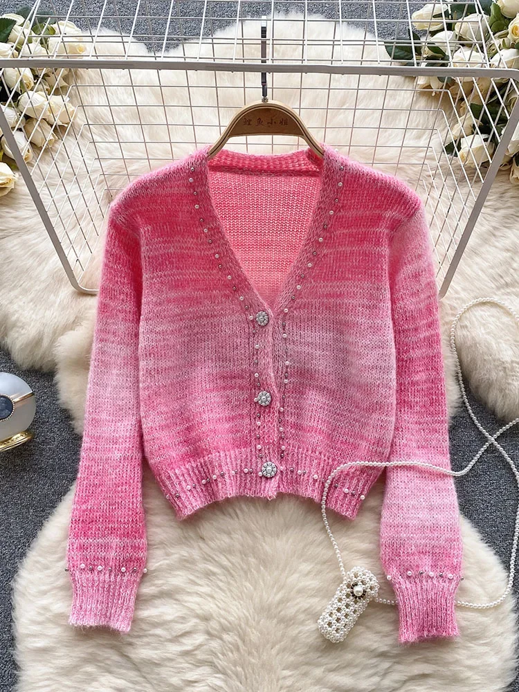 

Women Autumn Cardigan French Romantic Knitted Cardigan with Diamond Embedding Design Small Elegant Light Luxury Top D5477