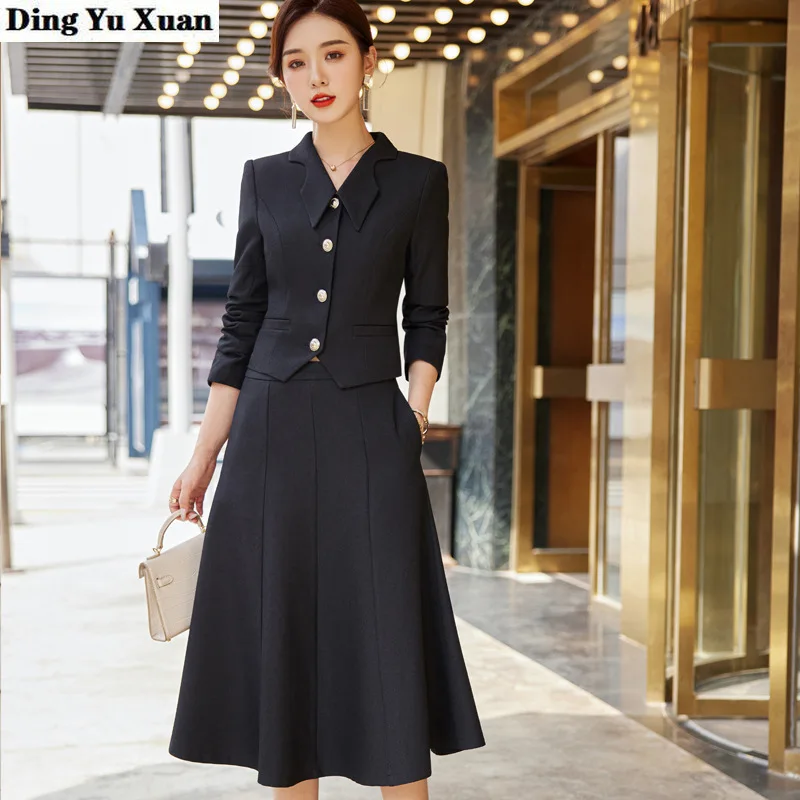 

High Quality Women Short Jacket Coat and A Line Skirt Green Yellow 2 Piece Set Fashion Office Ladies Knee Length Skirts Suits