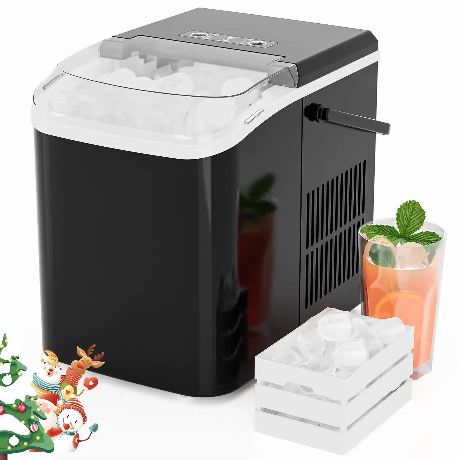 Portable Ice Maker Countertop Ice Maker Machine Self-Cleaning 2 Sizes Bullet Ice Portable with Scoop Basket and Handle Black