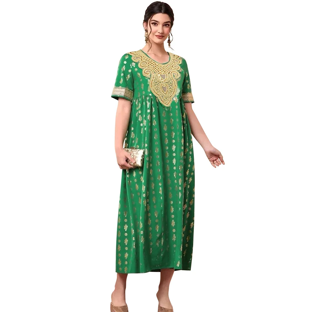 

Morocco Party Muslim Fashion Sequin Women Abayas Short Sleeve Maxi Dresses Islam Arab Turkey Kaftan Evening Robe Jalabiya Caftan