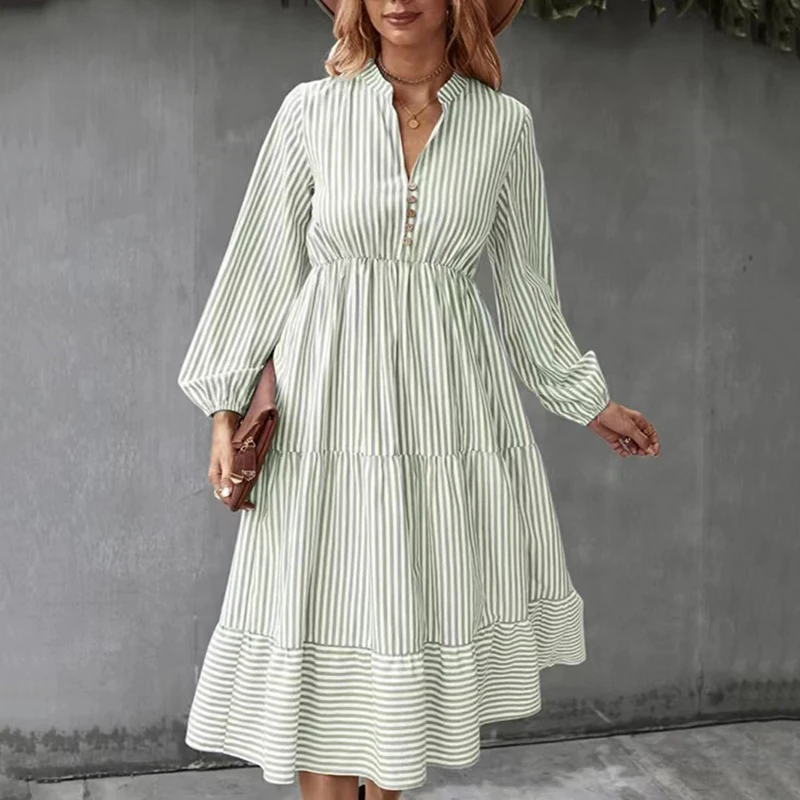 

Fashion V-Neck Button Women Dress Elegant Office Striped Printing Ruched A-Line Dresses Casual Loose Beach Holiday Dress Female