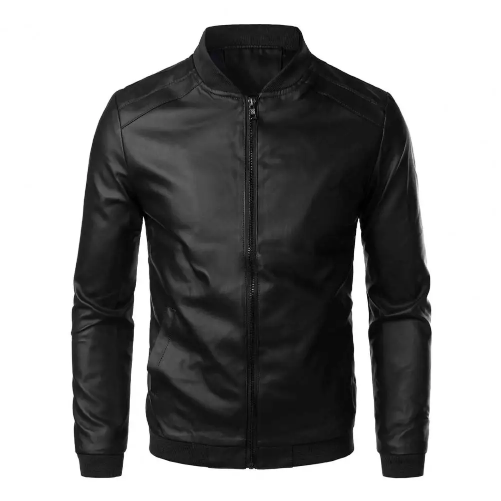 

Men Faux Leather Biker Jacket Baseball Jacket with Stand Collar Zipper Placket Side Pockets for Spring