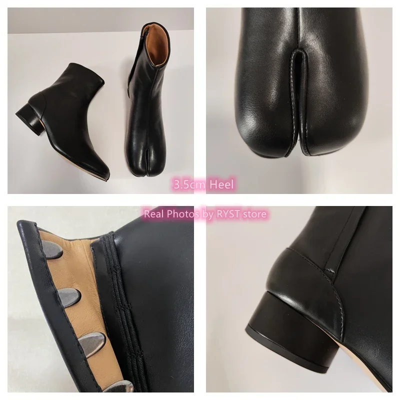 Women Split Toe Ninja Tabi Leather Ankle Boots Round Heels 3.5cm/7.5cm Heel Brand Design Lady Shoes Woman Boot