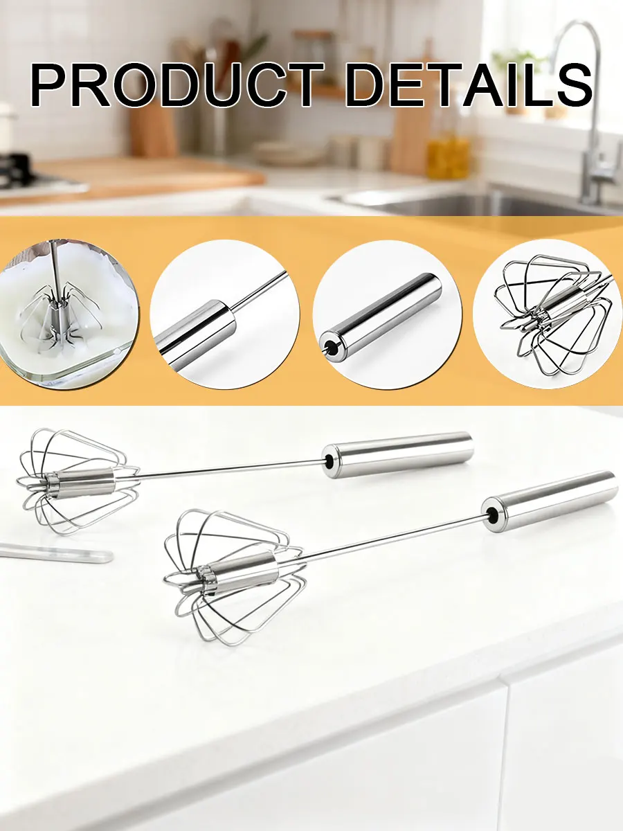 Stainless Steel Egg Beater, Semi-Automatic Hand Mixer and Egg Scrambler for Cream, Eggs and Kitchen Baking, Sliver