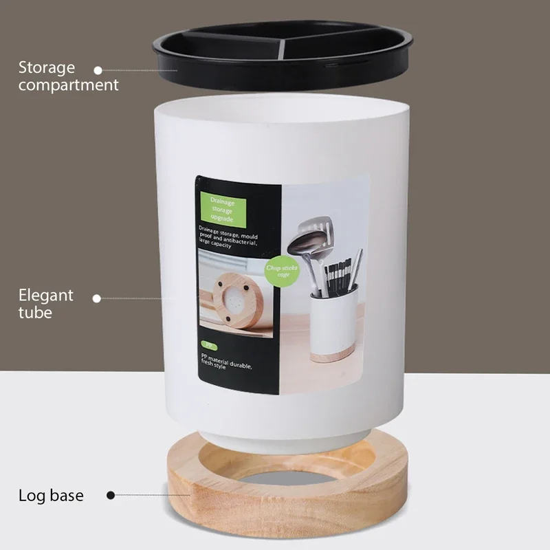 Kitchen Utensil Holder 360&deg; Rotatable 3-Grid Tableware Drainer Chopstick Spoon Utensil Storage Bucket Removable Divider