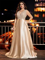 Plus Size Elegant Sequins Evening Dress For Women 2025 Deep V-neck Satin Prom Party Dress Floor Length Formal Gowns - Image 5