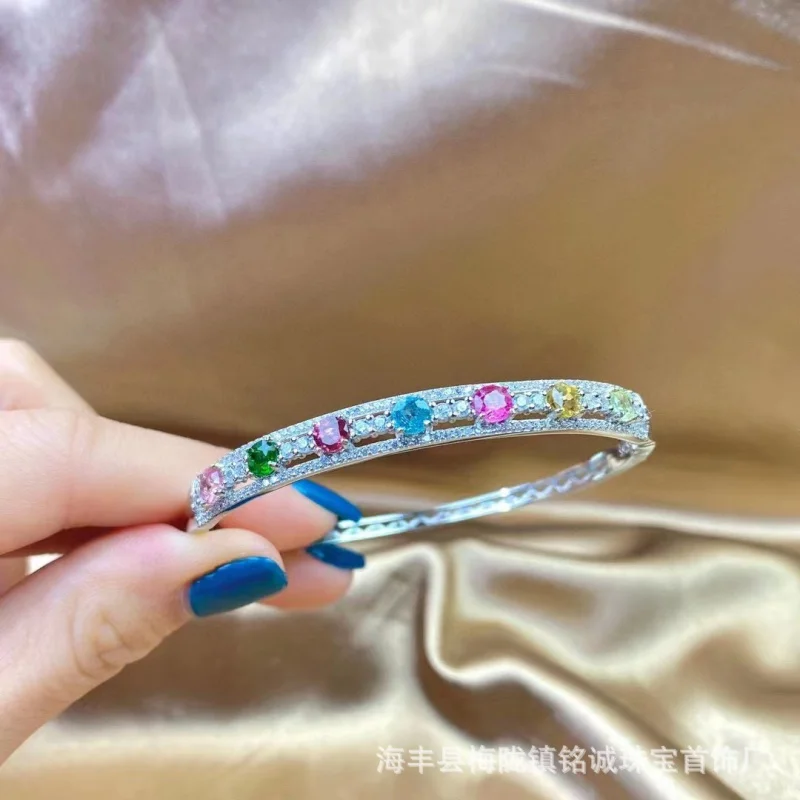 

Natural Bracelet with 7 Tourmaline Ring Gem 925 Silver Inlaid