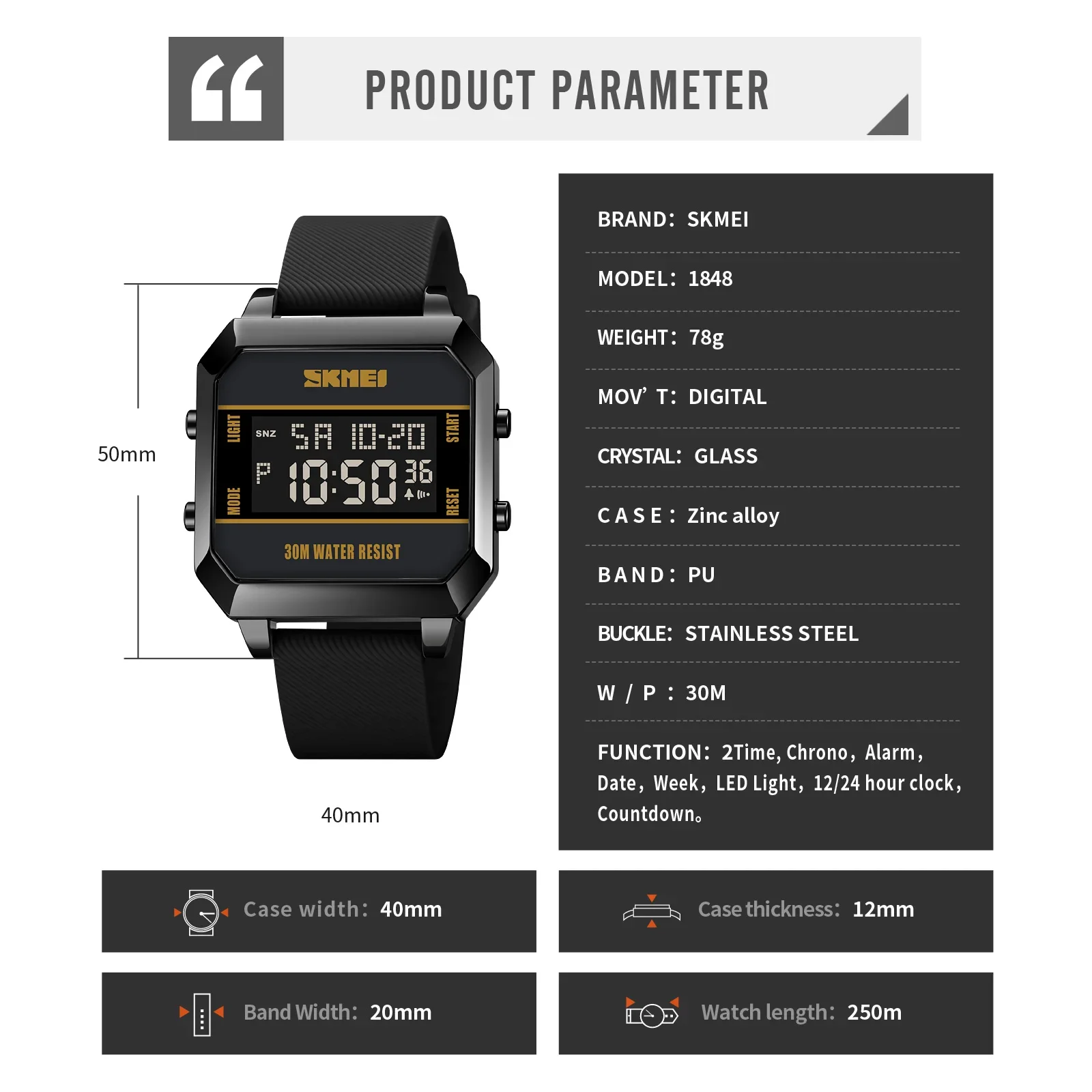 SKMEI 1848 Sport Waterproof Wristwatch Fashion Digital Watch For Men Cyberpunk Display Clock Countdown Electronic Watches reloj 6