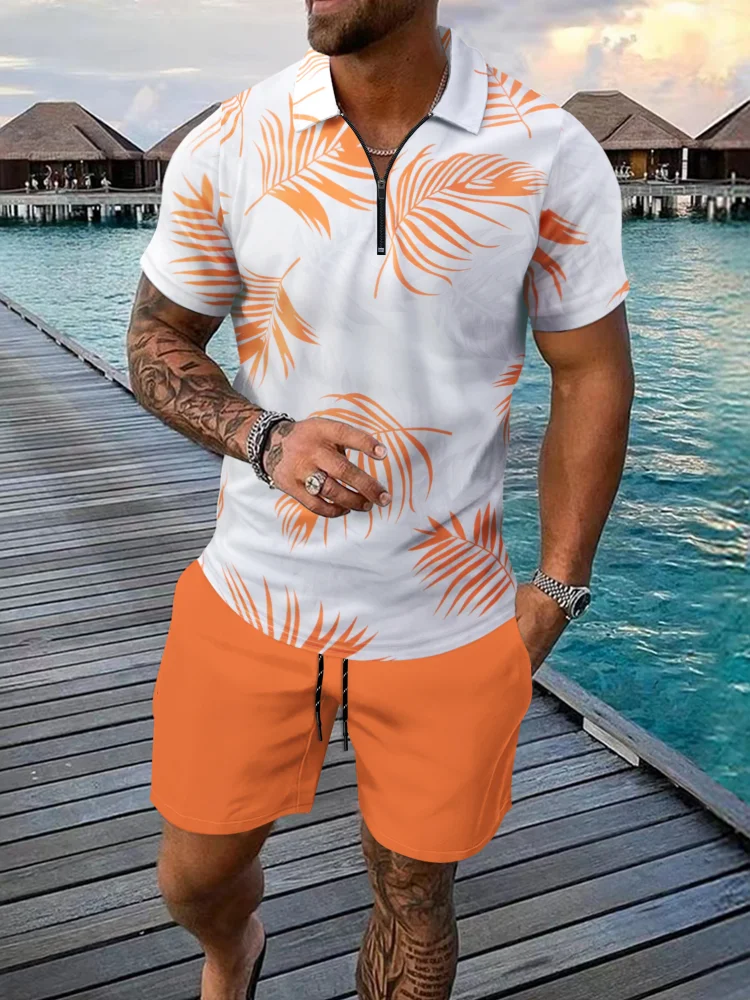 Fashion Zip Polo Shirts Men's Set Hawaiian Beach Vacation Short Sleeve Polo Shirt Shorts 2 Piece Outfit Street Casual Loose Suit 6 S743a16dd9fad4a4dae3e3da8ec6d1bf32