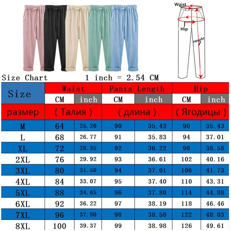 Cotton Linen Pants, Elastic Mid Waist Ankle Length Pant, Casual Women Loose Spring Pants, Female Slacks Size M-5XL 6XL 7XL 8XL_ecoleips.com