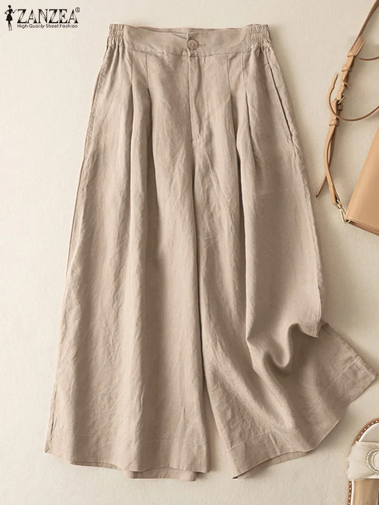 

ZANZEA Vintage Holiday Trousers Woman Casual Street Pant Autumn Wide Leg Pants Elegant Solid Ankle Length Palazzo Oversized 2023