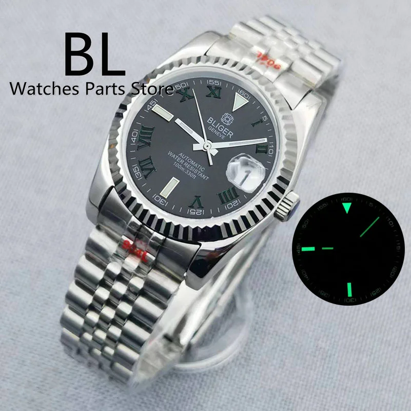 BLIGER 36mm/39mm Watch For Men Grey Dial Green Roman Numbers NH35 Automatic Self-WindMechanical Wristwatches Sapphire Glass Date