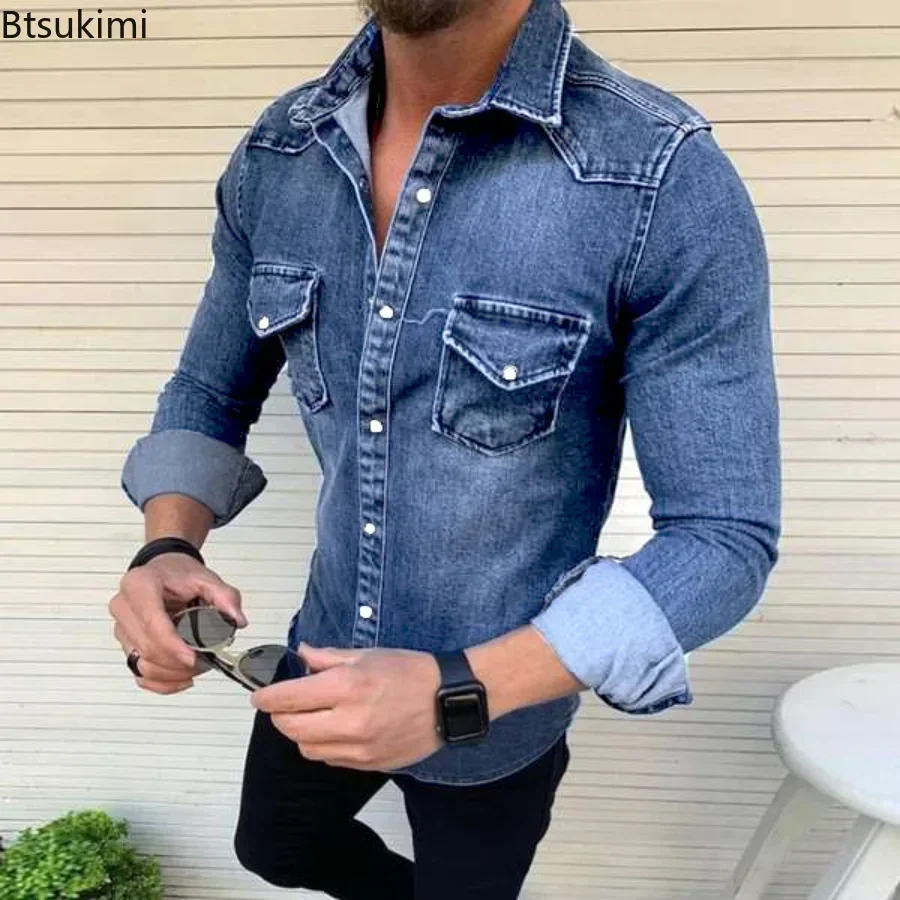 Denim Shirt New Spring Autumn Mens Long Sleeve Denim Shirts for Men Cotton Two Pockets Slim Elastic Chemise Homme denim shirt,long sleeved shirt