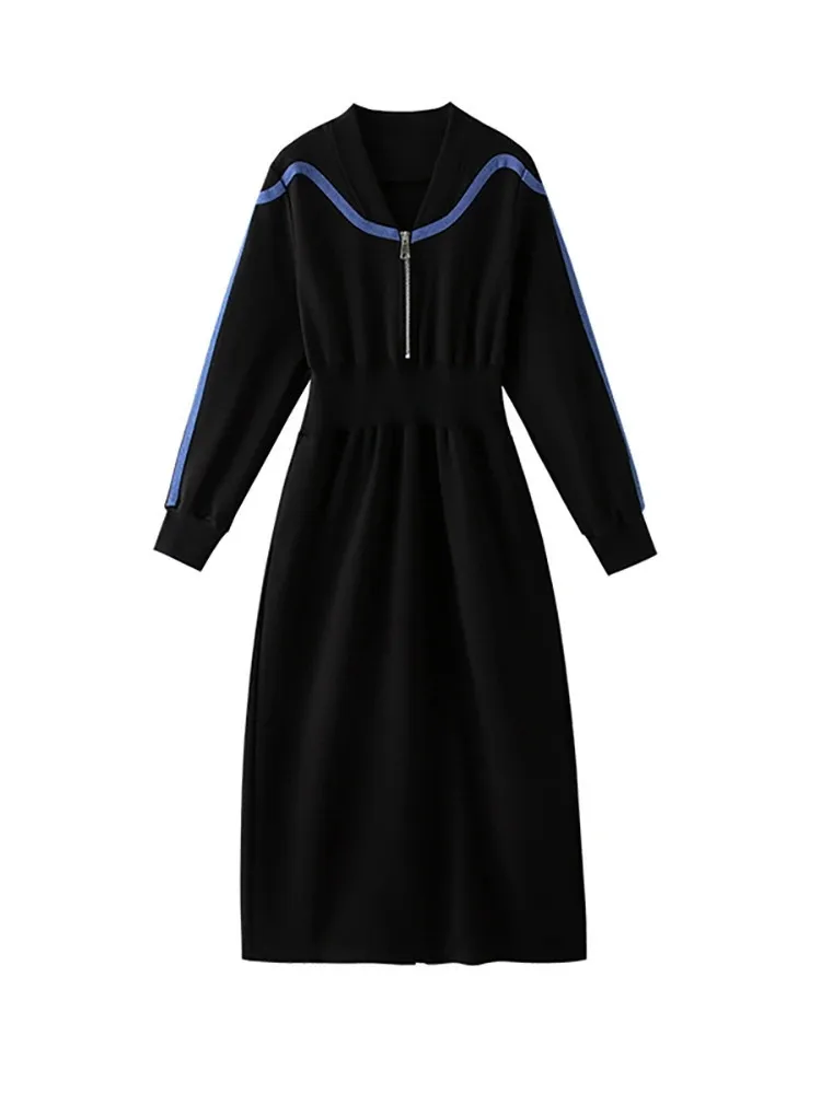 

Autumn Women Dress V-neck Zipper Hoodie Elastic Waist Patch Design Denim Contrast Korean Rtemperament Dresses New Fashion 2023