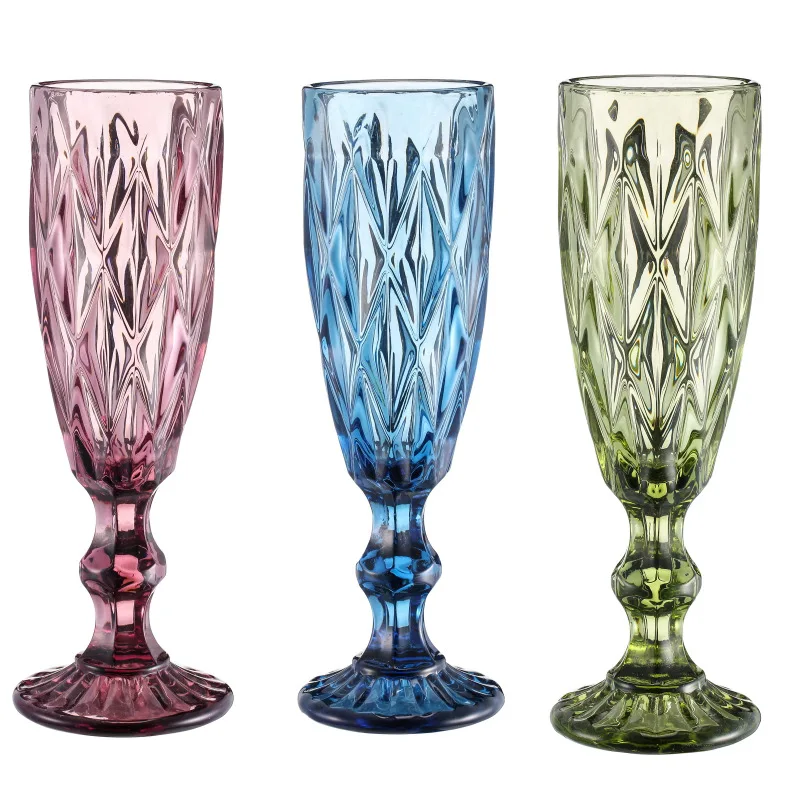 1 Piece 150ml 5oz Vintage Embossed Heavy Thick Clear Pink Green Blue Grey Colored Champagne Flute Glasses Goblet Cup 1