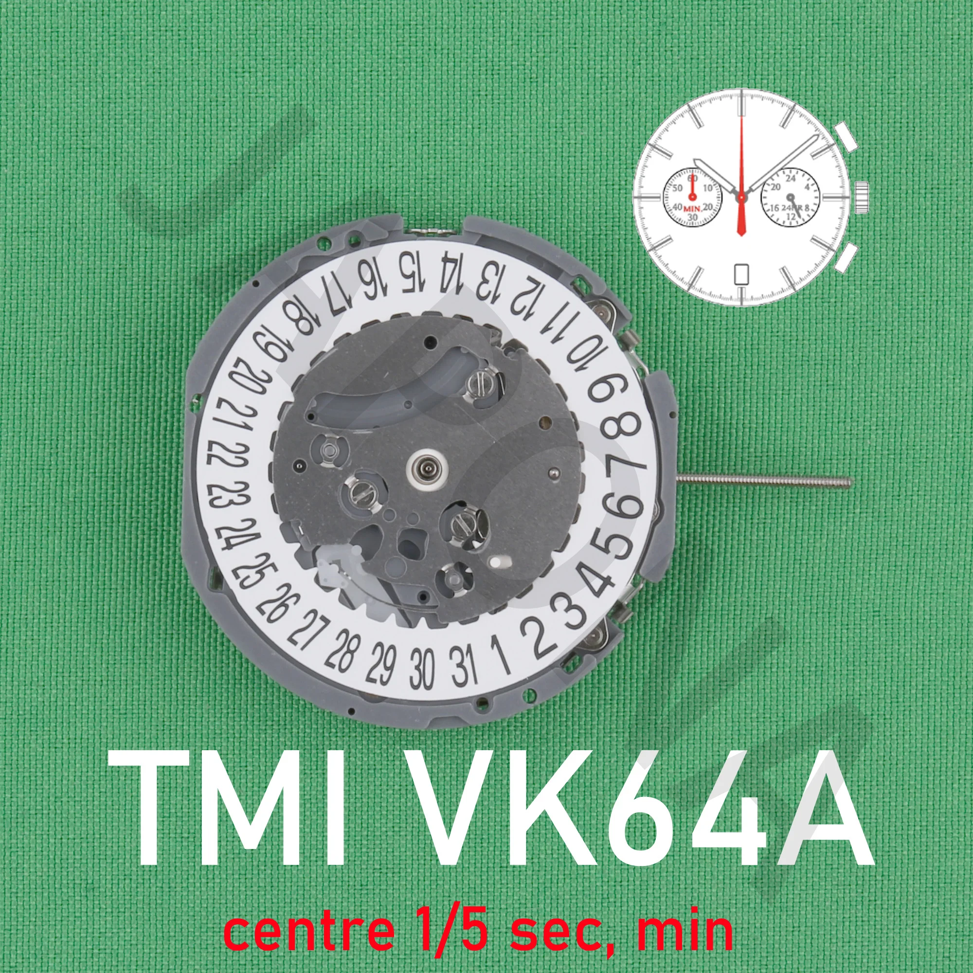 

VK64 movement Japanese TMI VK674-6 movement Chrono (centre 1/5 sec, min）24 hour, date Precise timing quartz movement