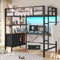 Twin Metal Loft Bed L-Shaped Desk,LED Lights,Charging Station LED Loft Bed Frame Twin Size 3 Storage Shelves 3 Fabric Drawers 1