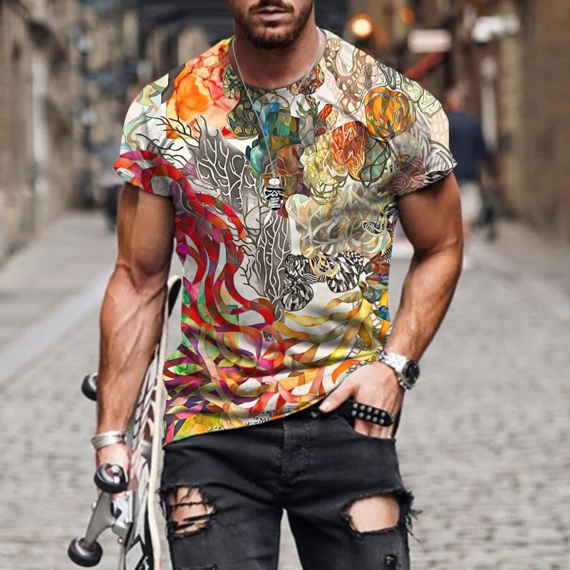 2022 Summer New Abstract Painting 3D Printing Oversized Loose Retro Short Sleeve Fashion Print Crew Neck Sports Casual Men's T-S fred perry t shirt