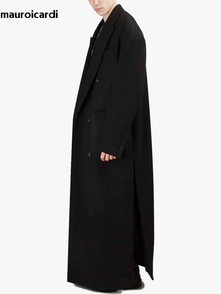 Mauroicardi Autumn Winter Extra Long Black Oversized Thick Warm Soft Wool & Blends Coat Men Double Breasted Korean Fashion 2023 3