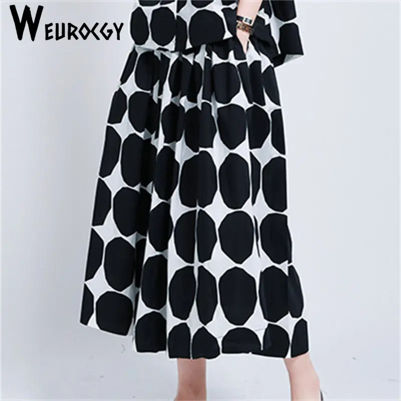 

2023 Spring Autumn New Style Fashion Tide High Elastic Waist Black Big Dot Printed Temperament Half-body A-Line Skirt Women