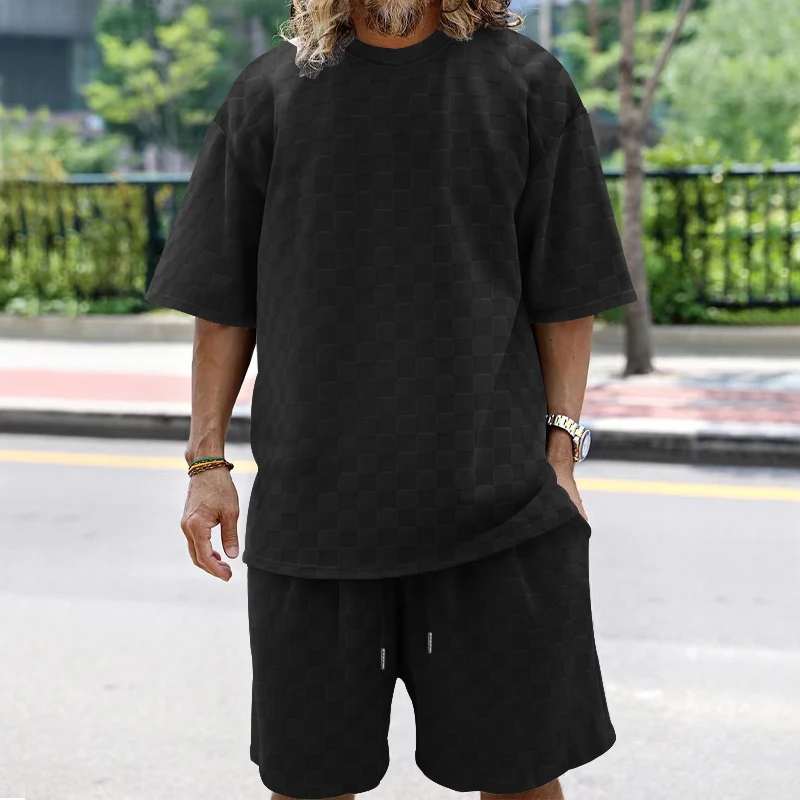 2024 Summer New Men's Set Japanese And Korean Style Jacquard Loose Casual Short-sleeved T-shirt Shorts Two-piece Men's Clothing