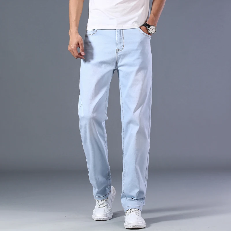

Plus Size 40 42 44 Men's Light Blue Jeans Spring and Summer Loose Straight Advanced Stretch Thin Denim Pants Male Brand Clothes