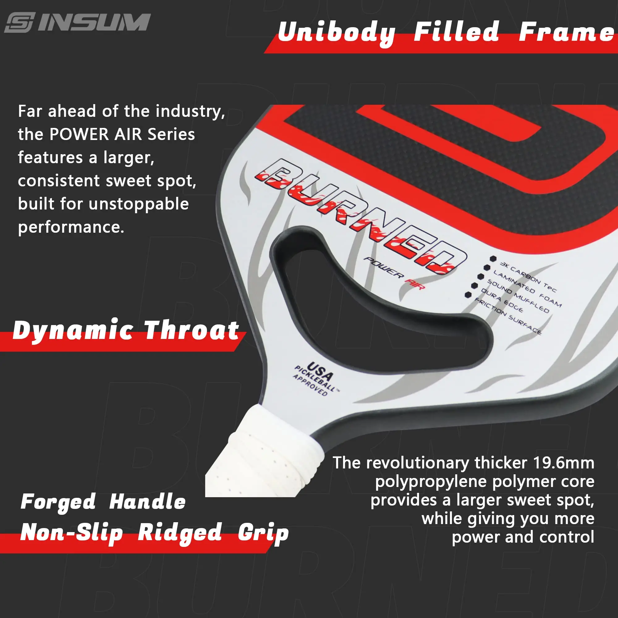 INSUM Raging Pickleball Paddle Carbon Fiber Surface Edgeless Design Widebody Shape for Control Power & Larger Sweet Spot 19.6mm