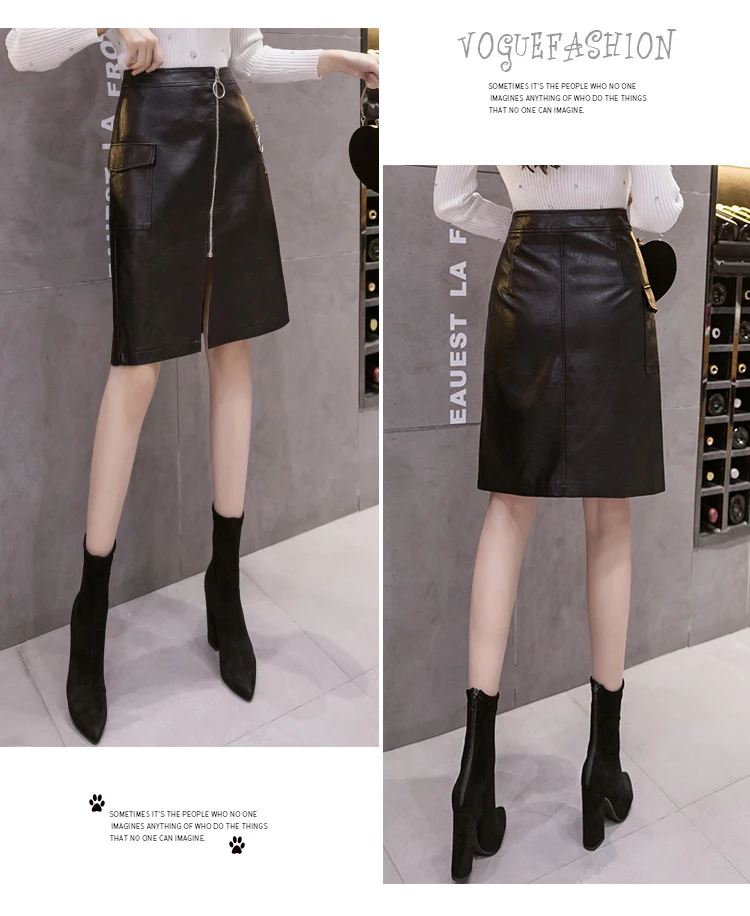 skirt top Zipper Plus Size Black Pu Leather Skirt Women Korean Fashion High Waist Winter Lady Office Streetwear Sexy Slit Woman Skirts long skirts for women