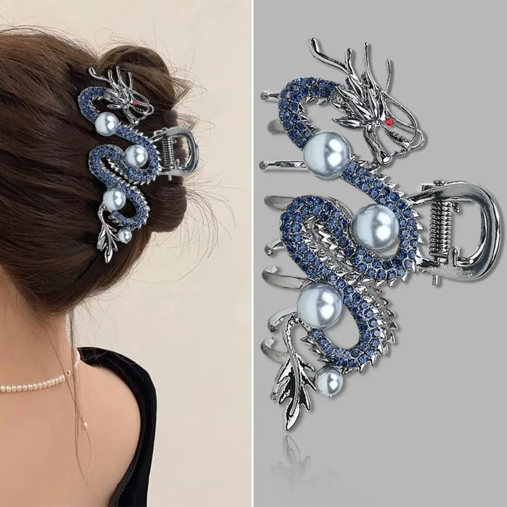 Fashion Blue Dragon Blue Dragon Hairpin Zodiac Simple Hair Claw Shark Clip Alloy Metal with Pearl Women