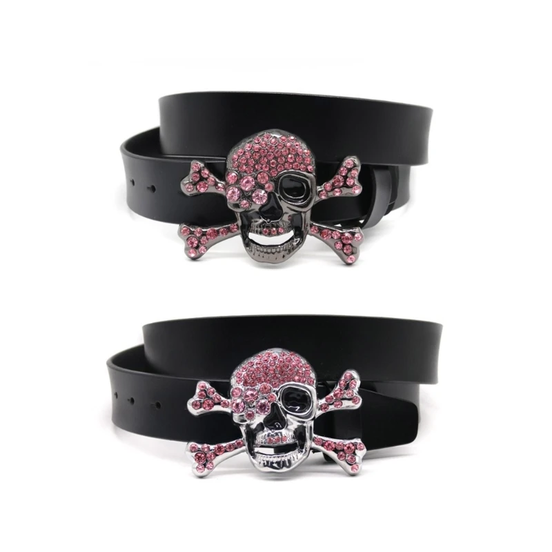 Adult Waist Belt with Rhinestone Skull Head Buckle Luxurious Punk Adjustable Waist Belt Fashion Wide Belt for Male Woman