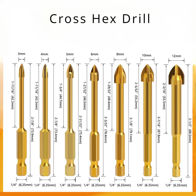 Carbide Cross Hex Drill Glass Tile Ceramic Concrete Drill Bit Set Hexagonal Handle Hand Drill Hole Opener Tool Kit