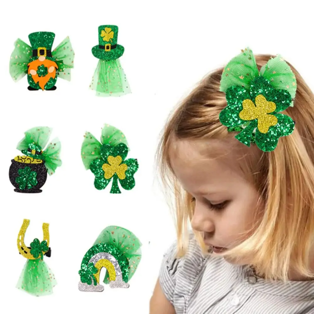 

Fashion Green Shamrock Hair Clip Mesh Sequin St. Patrick's Day Hair Pins Irish Shamrock Hairgrips Rainbow/Hat/Coin