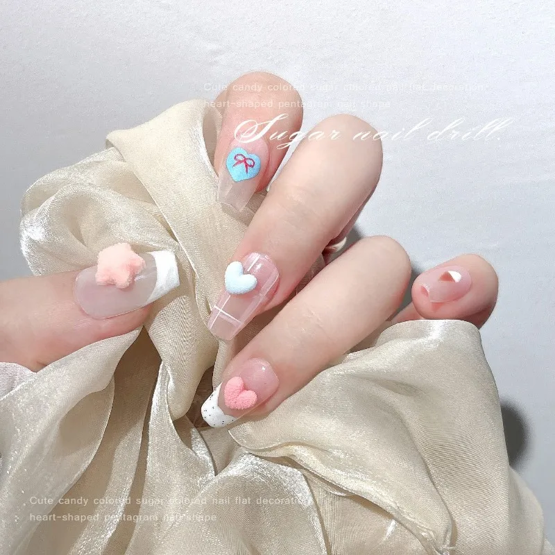 캔디 컬러 프로스티드 하트 & 스타 네일 참, 설탕 질감 레진 라인스톤, 플랫 백 3D 네일 아트 장식 DIY 매니큐어용