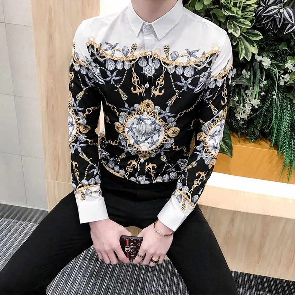 Summer Men's Fashion Long Sleeve Shirts,Lapel  Stand Collar Button Up Shirts，Mens Long Sleeve Print Shirt  Retro British Clothes