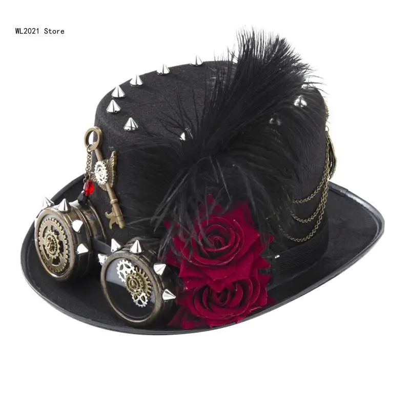 

Black Steampunk Dark Rose & Chain Victorian Goggles Top Hat for Halloween Party