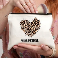 Heart Leopard Pattern Name Customization White Makeup Bag Canvas Wash Bag Organizer Fashion Travel Lipstick Storage Bags Wallet 2