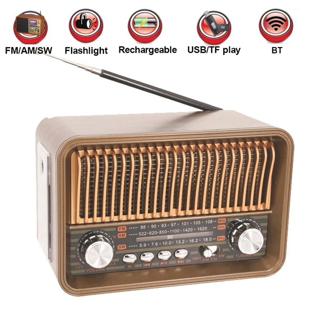 Retro Radio with BT Speaker LED Flashlight Support TF Card for Home Bedroom Living Room Kitchen