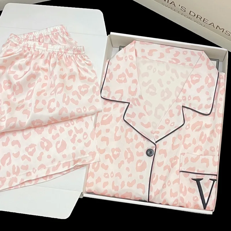 Ling Pink Print Leopard Pajamas  Ice Silk Satin Sleepwear Women 2PCS Fashion Women's Home Wear Short Sleeved Set for Summer